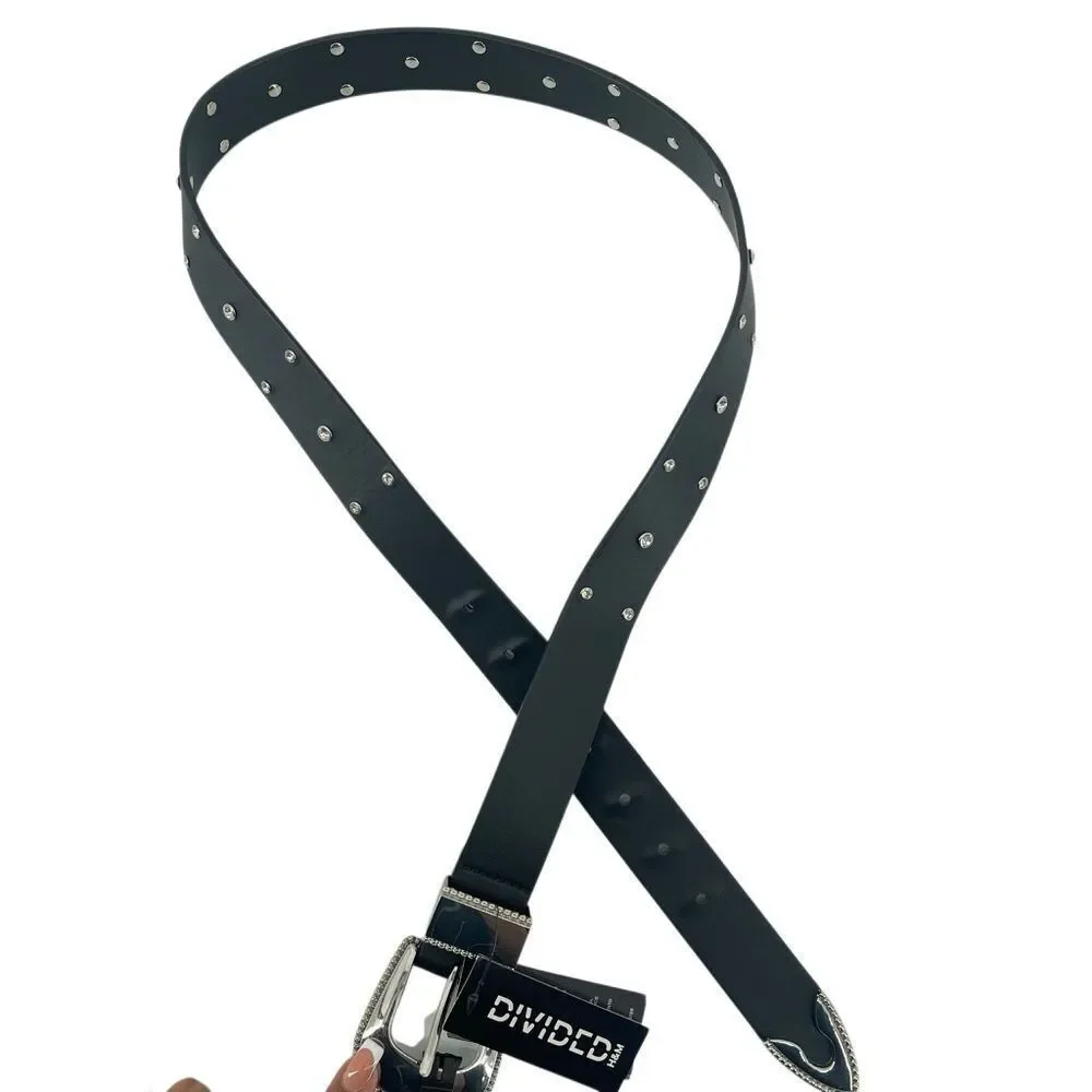 H&M Divided Black Faux Leather Studded Rhinestone Belt Western NWT Y2K
